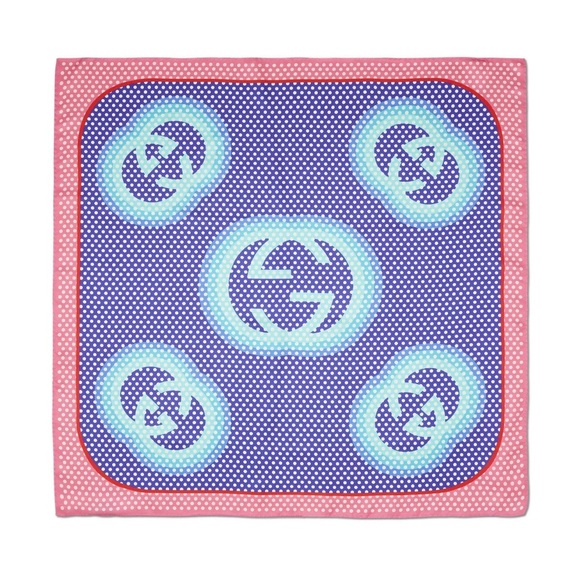 GUCCI NWT NEW silk scarf running tech pois 35x35 pink blue polka dot GG